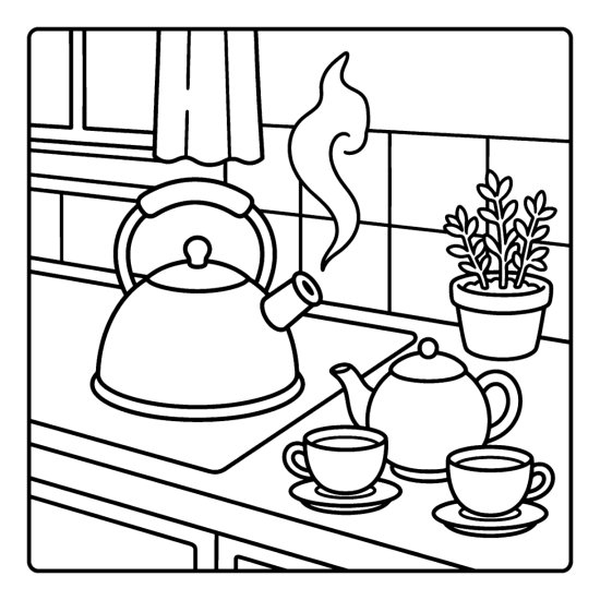 A whistling kettle with steam on a counter beside a teapot and two cups, coloring page