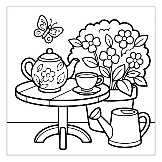 A teacup and teapot on an outdoor table among flowering blooms, coloring sheet