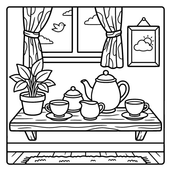 A shelf with a matching teapot, sugar bowl, creamer and cups, coloring page