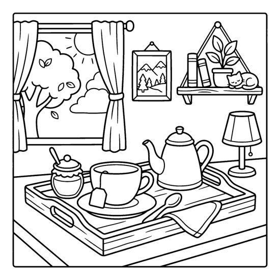 A tray with a cup, a teapot and a honey pot by a window, coloring sheet