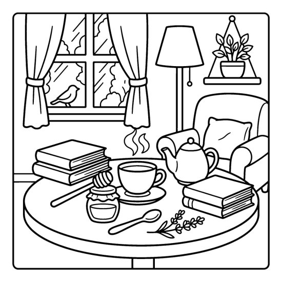 A teacup beside a honey jar with a dipper and a sprig of lavender, coloring page