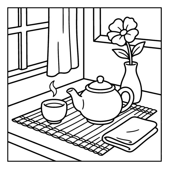 A handleless cup and a clay teapot on a bamboo mat with a flower, coloring sheet