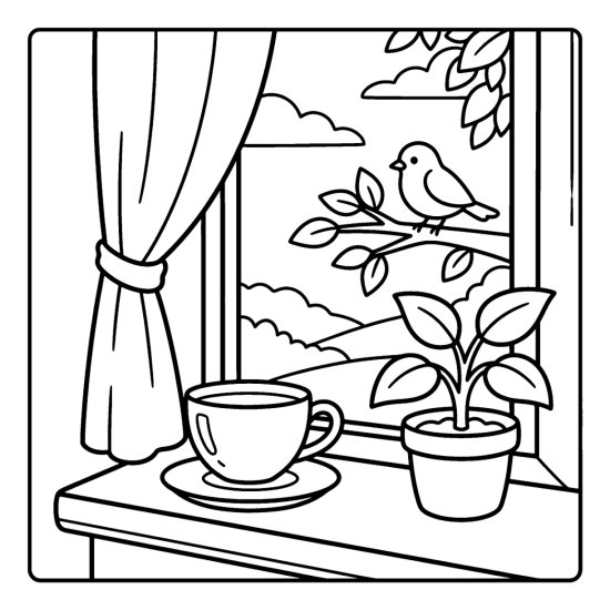A teacup and saucer on a sunny windowsill with a bird outside, coloring page