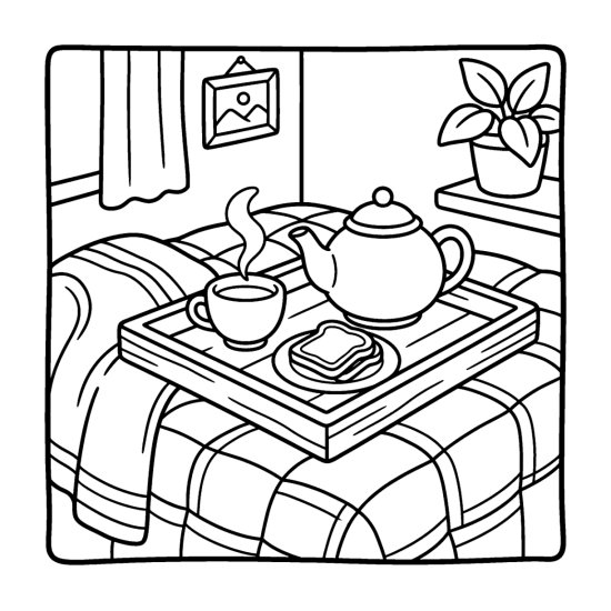 A wooden tray with a teapot, a steaming cup and toast on a quilt, coloring page