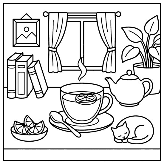A glass cup of lemon tea with a teapot and lemon wedges, coloring sheet