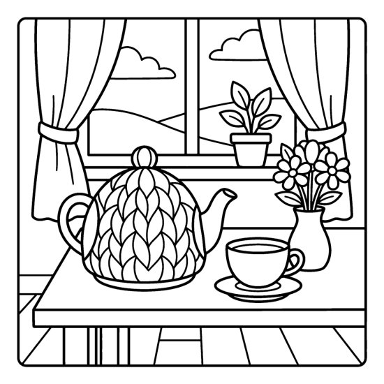 A round teapot in a knitted cozy beside a teacup and flowers, coloring page