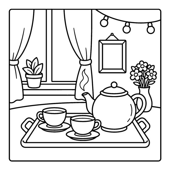 A round teapot with two teacups on a tray beside a vase of flowers, coloring sheet