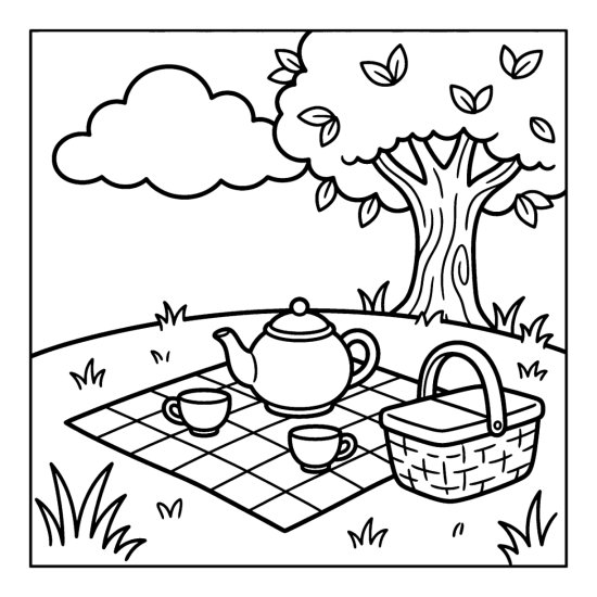 A teapot and two teacups on a checkered blanket under a tree, coloring sheet