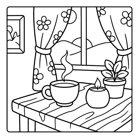A teacup with steam beside a glowing candle and a potted plant, coloring page