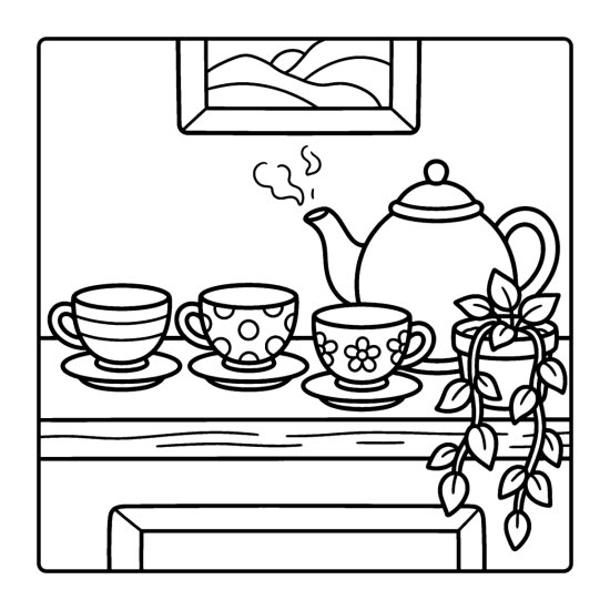Three patterned teacups and saucers on a shelf beside a teapot, coloring sheet