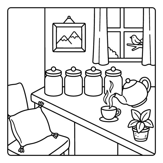 Blank canisters with a teapot pouring into a cup on a counter, coloring page