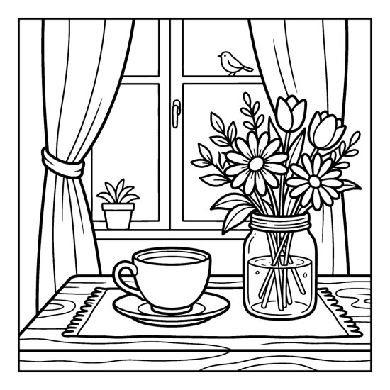 A teacup and saucer beside a bouquet of flowers in a jar, coloring sheet