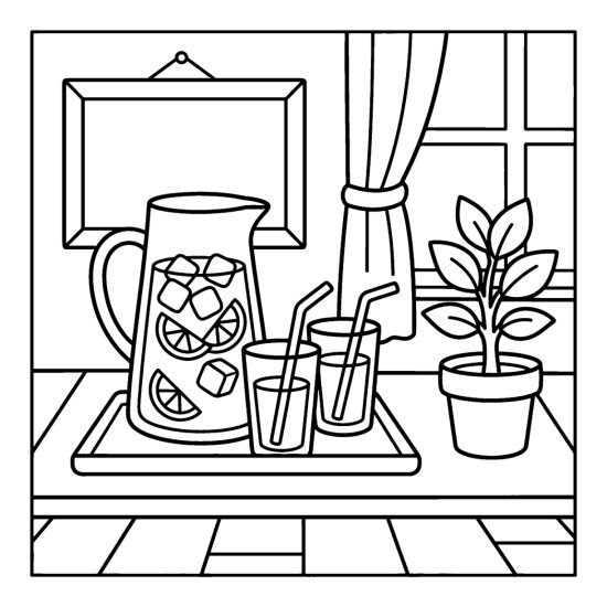 A pitcher of iced tea with lemon and two glasses with straws, coloring page