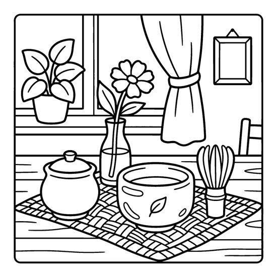 A matcha bowl, a bamboo whisk and a clay pot on a woven mat, coloring page