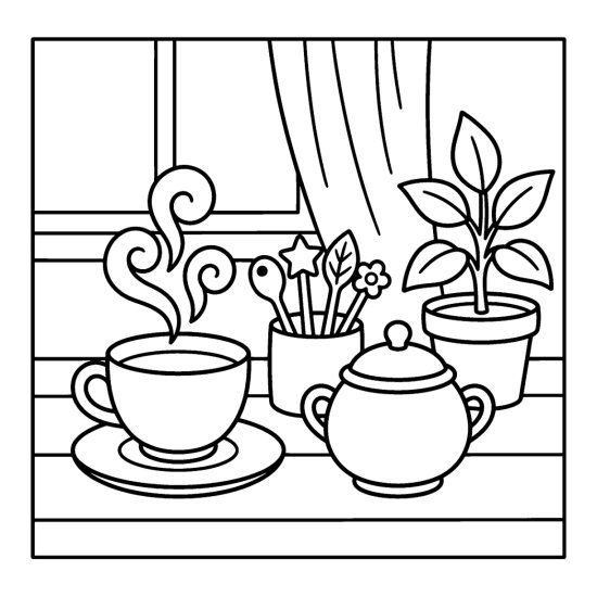 A teacup with steam beside a holder of spoons and a sugar bowl, coloring sheet