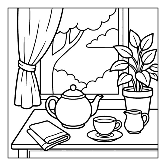 A breakfast setting with a teapot, a cup and a milk jug, coloring page