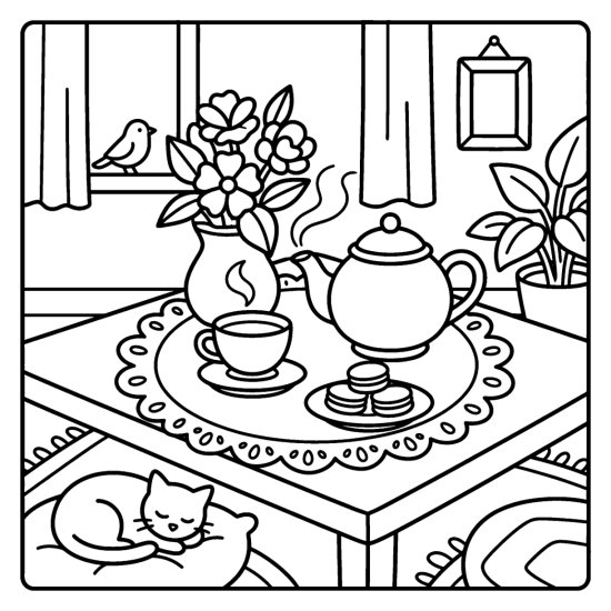 A teacup beside a plate of round macarons and a teapot on a doily, coloring sheet