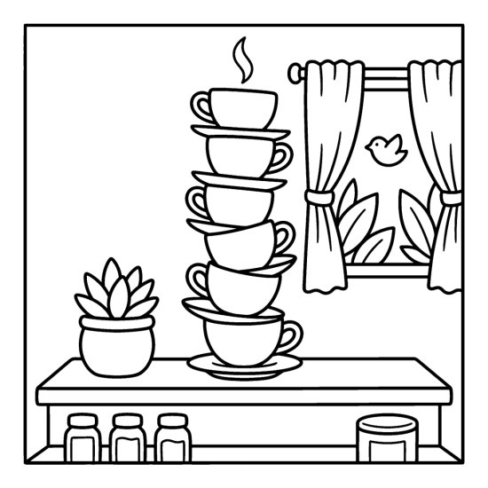 A tall stack of teacups and saucers on a kitchen shelf by a window, coloring page