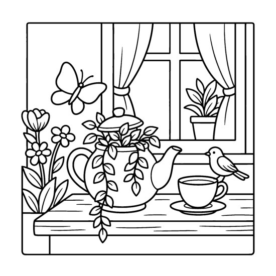 A teapot shaped planter with trailing plants and a teacup, coloring page