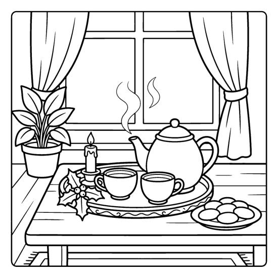A teapot and teacups on a festive tray with holly and cookies, coloring sheet