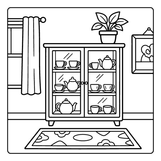 A glass front cabinet displaying teacups and teapots above a rug, coloring sheet