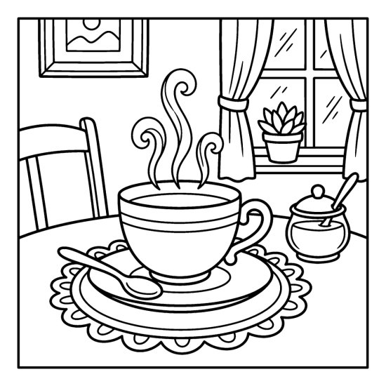 A large teacup and saucer with curling steam on a doily, coloring page