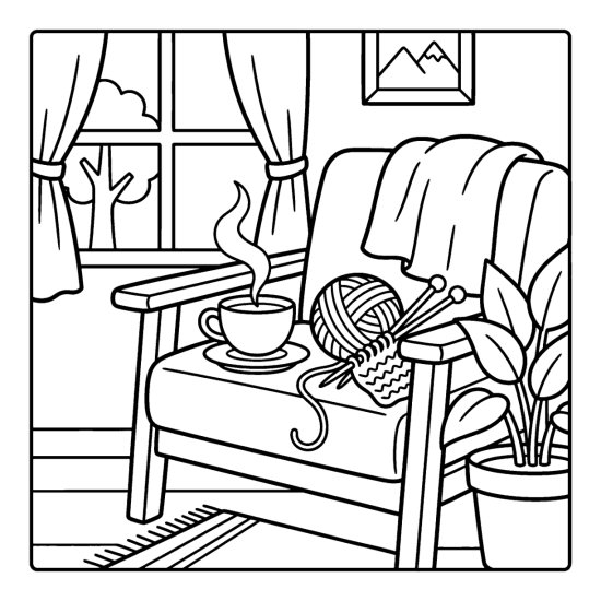 A teacup with steam beside a ball of yarn and knitting needles, coloring sheet