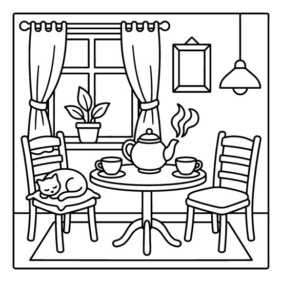 Two teacups and a teapot on a round table between two chairs by a window, coloring sheet