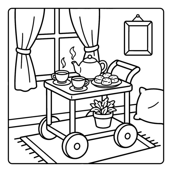A rolling tea cart with a teapot, cups and a plate of scones, coloring page
