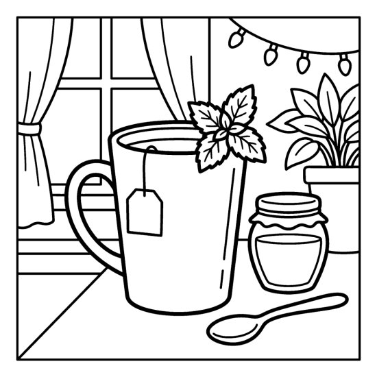A tall mug of herbal tea with a mint sprig beside a honey jar, coloring sheet