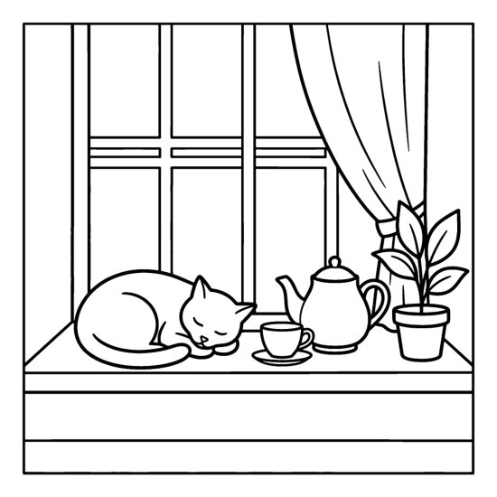 A sleeping cat beside a teacup and a teapot on a windowsill, coloring page