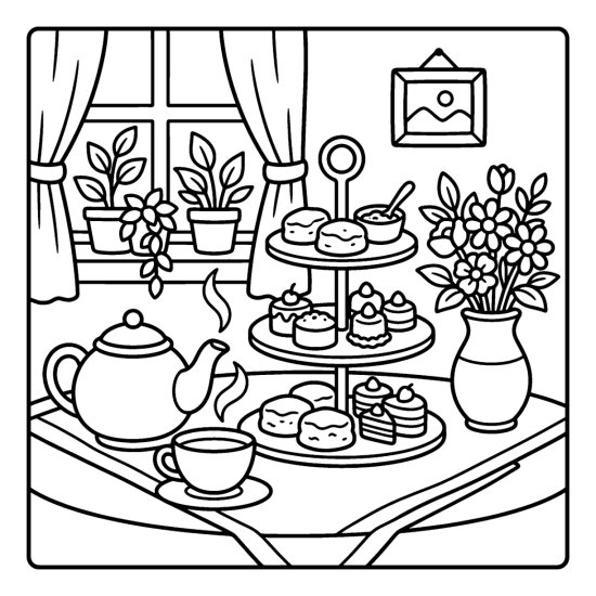 A three tiered stand of scones and cakes beside a teapot and cup, coloring sheet