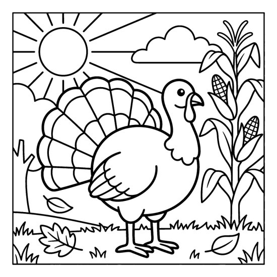 A plump turkey struts beside a tall corn stalk under a round sun, bold and easy