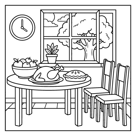 A set dining table holds bowls and pies before a window with a wall clock, coloring page
