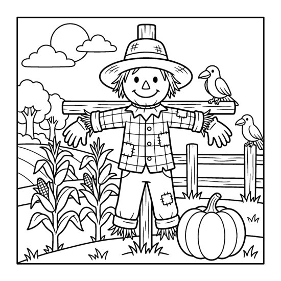 A friendly scarecrow stands in a field beside a pumpkin as a bird perches nearby, coloring sheet