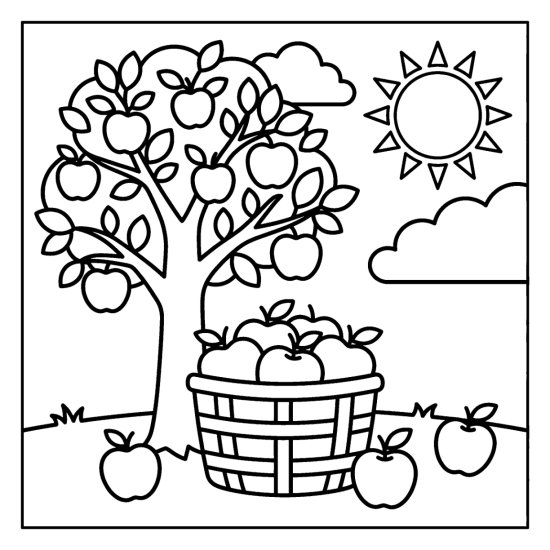 A round apple tree drops fruit into a basket below a bright sun, bold and easy