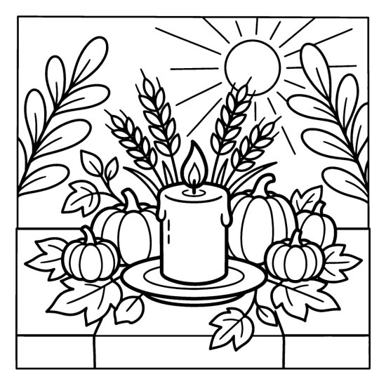 A candle glows among pumpkins and wheat stalks before a rising sun, coloring page