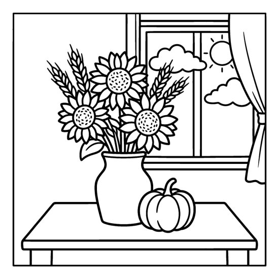 A vase of sunflowers sits on a table beside a small pumpkin by a window, bold and easy