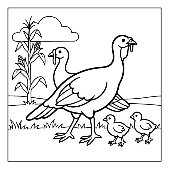 A mother turkey leads two chicks past a corn stalk on grassy ground, bold and easy