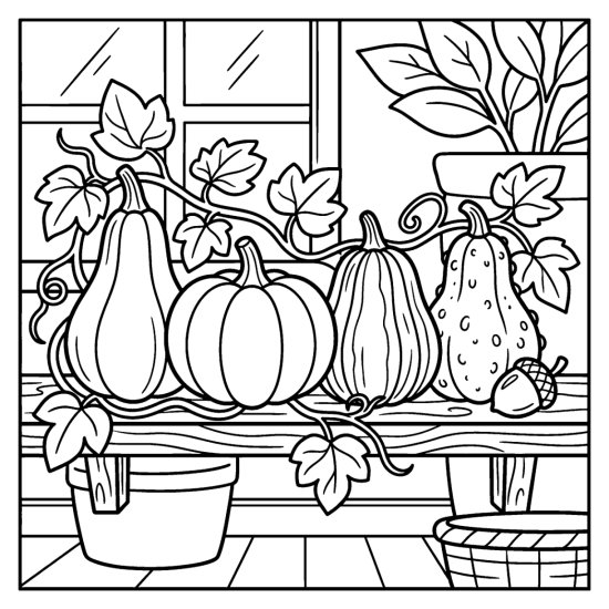 Pumpkins and striped gourds line a windowsill trailing with leafy vines, coloring sheet