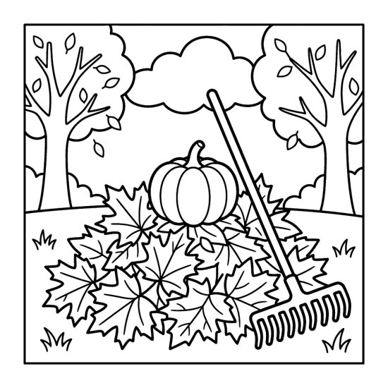 A pumpkin and a rake rest among fallen leaves beneath a leafy tree, bold and easy