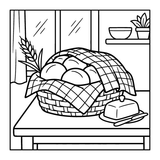 A roasted turkey sits on a platter on a kitchen table below a shelf, coloring page