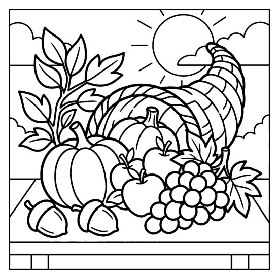 An overflowing cornucopia spills pumpkins, grapes and apples across a table, coloring page