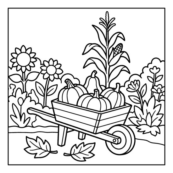A wheelbarrow full of pumpkins stands in a garden of corn and sunflowers, bold and easy