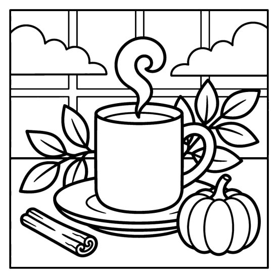 A steaming mug of cocoa rests by a pumpkin, cinnamon sticks and leaves, coloring sheet