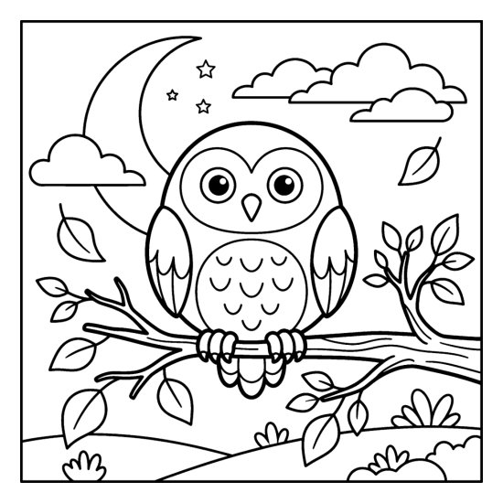 A round eyed owl perches on a branch beneath a crescent moon and stars, bold and easy