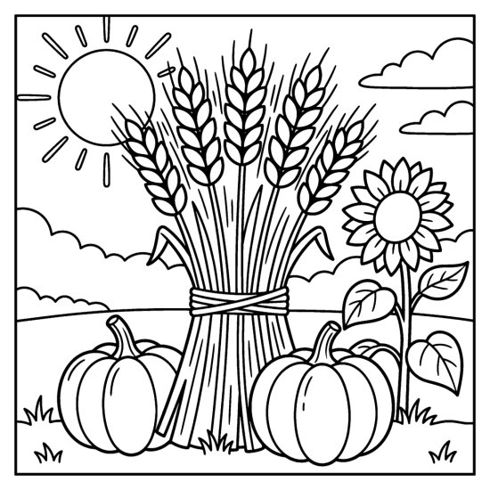 A tall wheat sheaf stands among pumpkins and a sunflower under a low sun, coloring page