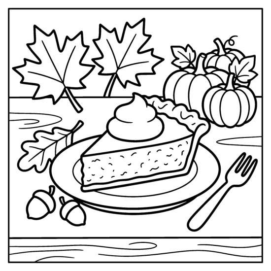 A slice of pie on a plate sits beside pumpkins and maple leaves with a fork, bold and easy