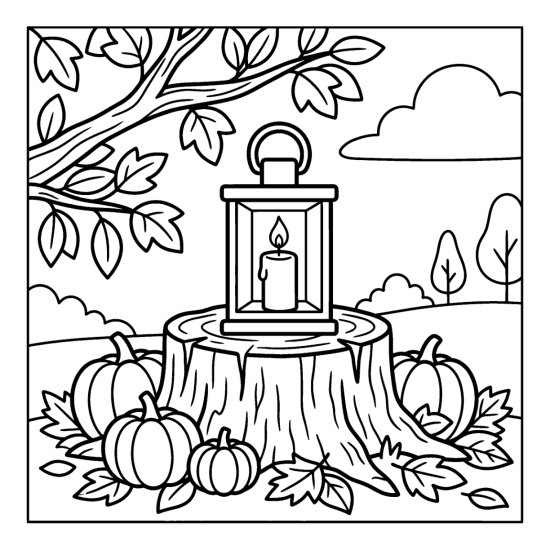 A glowing lantern rests on a tree stump among pumpkins and an autumn branch, coloring sheet