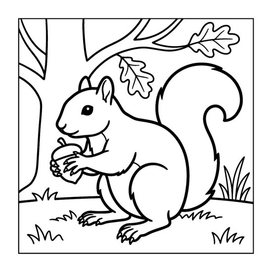 A fluffy squirrel sits under a tree holding an acorn among falling leaves, bold and easy